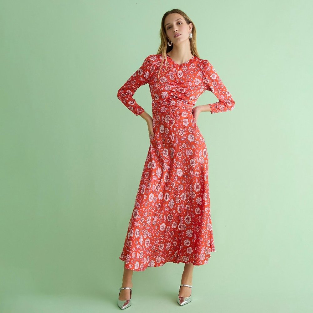 NWT J. Crew Featherweight Satin Midi Dress in Poppy Fields Red Floral Sz. 16